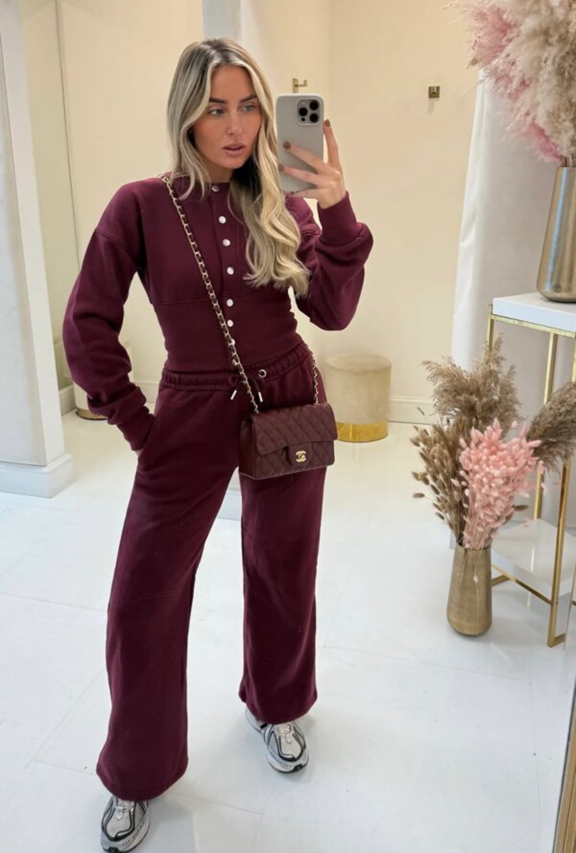 Wine Snap Buttons Corset Fit Sweatshirt With Wide Leg Trouser
