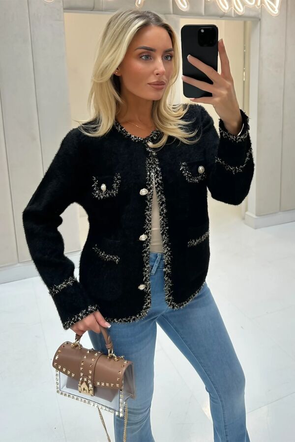 CONTRAST LONG SLEEVE PEARL BUTTON KNITTED CARDIGAN