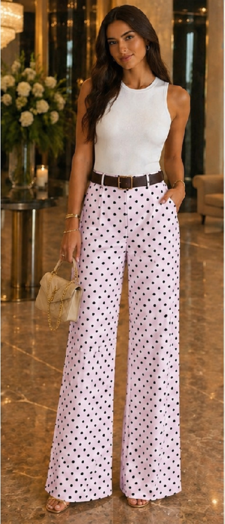 Pink polka dot trousers