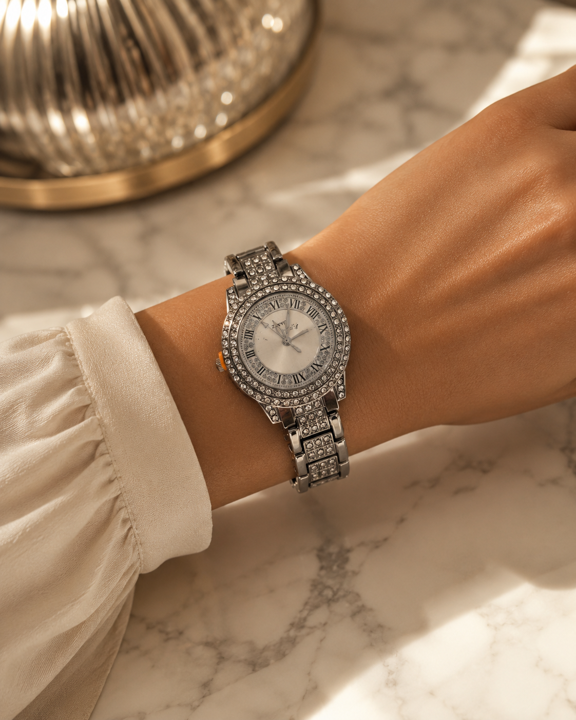 Faux silver watch with diamanté