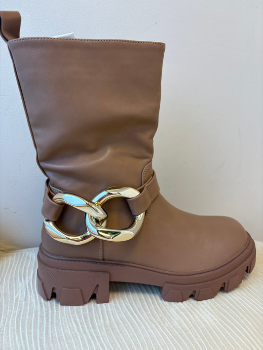 Tan ankle boot gold buckle