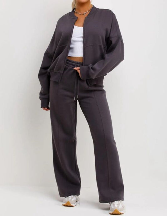 Slate Grey Bomber Sweatshirt With Straight Leg Jogger