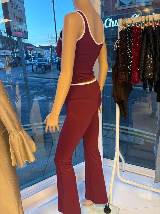 Burgendy two piece with white piping