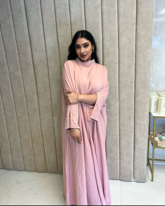 Baby pink abaya with pearl cuffs