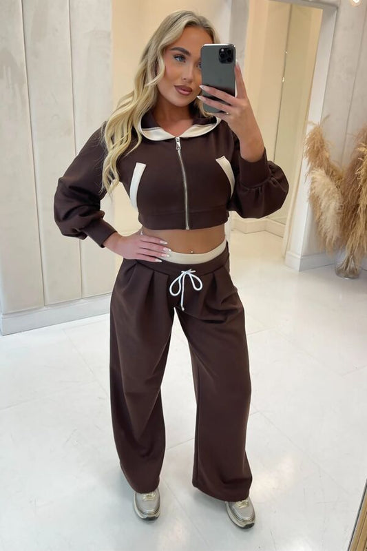 Contrast Cropped Zipped Hoodie With Wide Leg Trouser