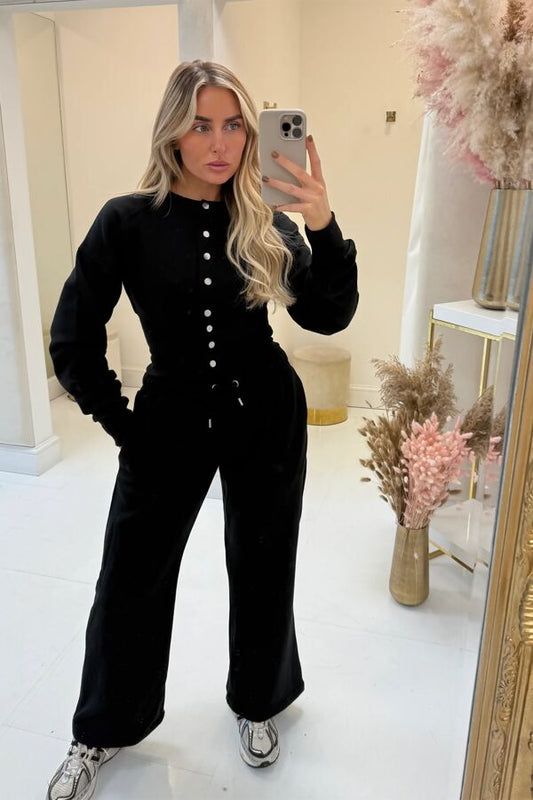BLACK SNAP BUTTONS CORSET FIT SWEATSHIRT WITH WIDE LEG TROUSER