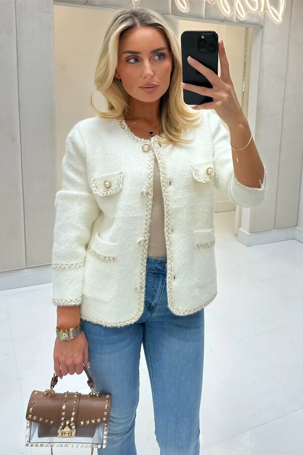 CONTRAST LONG SLEEVE PEARL BUTTON KNITTED CARDIGAN