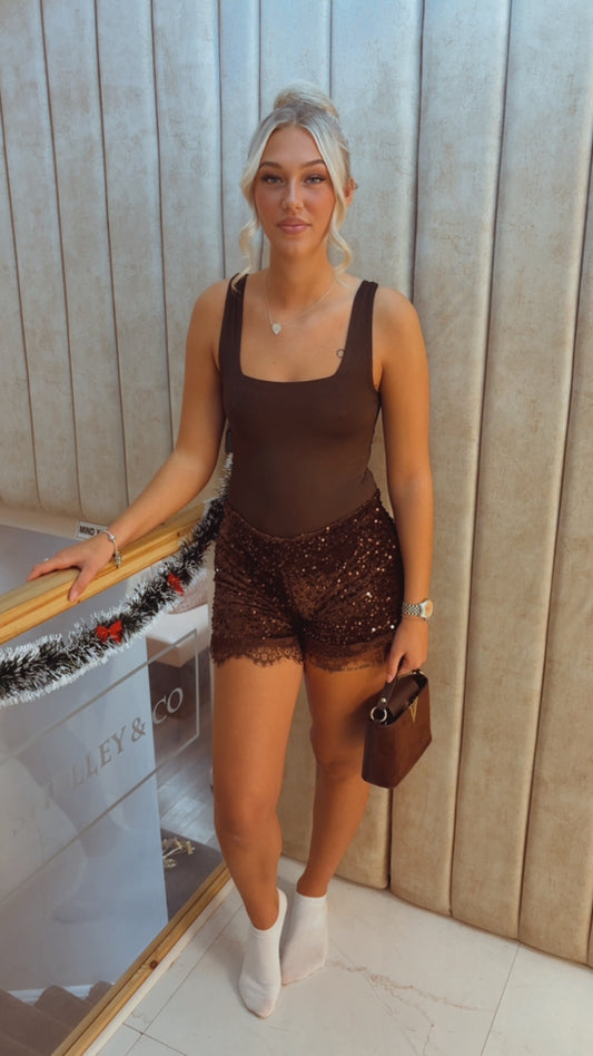 Brown sequin and lace edge shorts