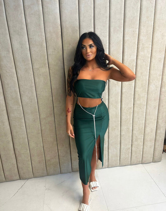 Emerald green satin dress