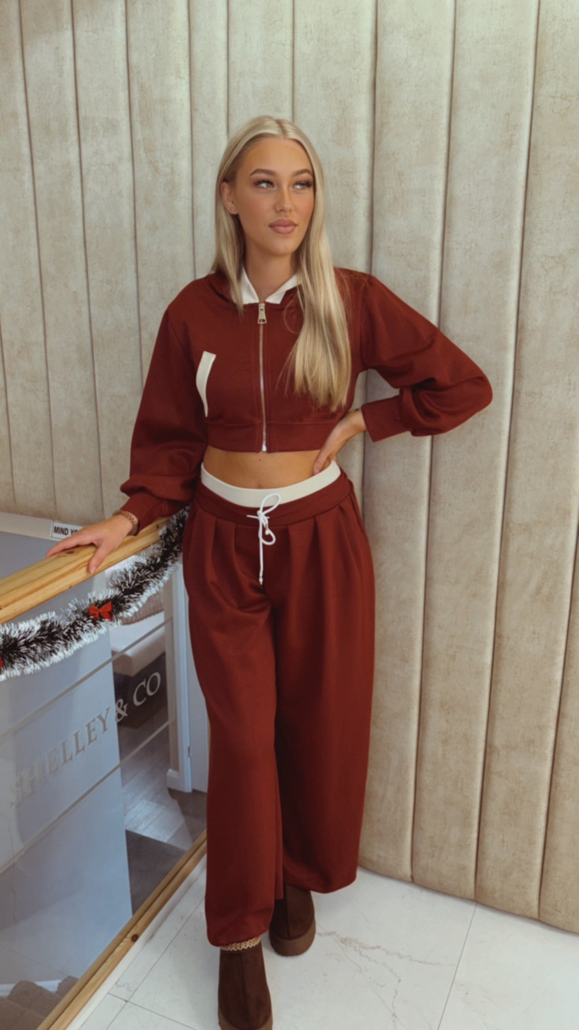 Burgendy zip up hoodie with flared leg trouser