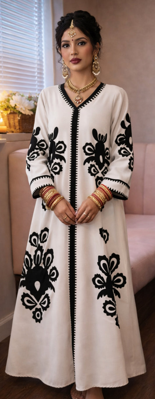 Classic white dress with black embroidery