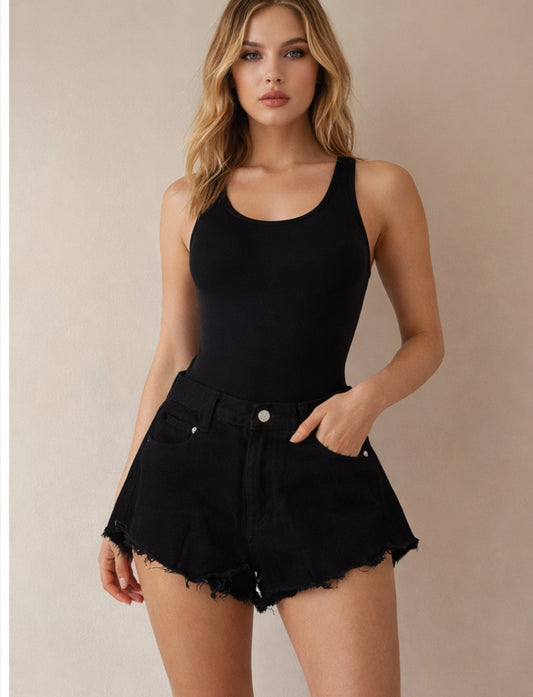 Flared denim shorts