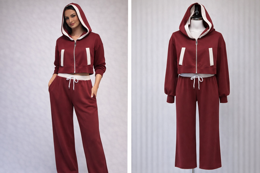 Burgendy zip up hoodie with flared leg trouser