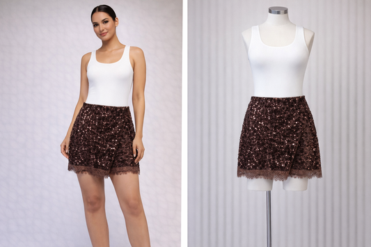 Brown sequin and lace edge shorts