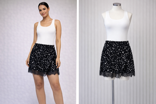 Black sequin and lace shorts